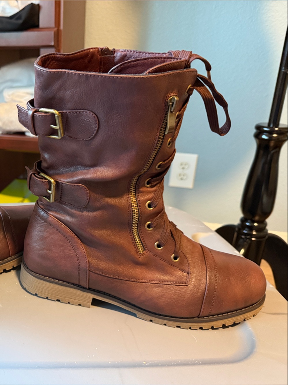 Dream Pairs Brown Lace-Up Side-Zip Combat Boots with Buckle Straps
